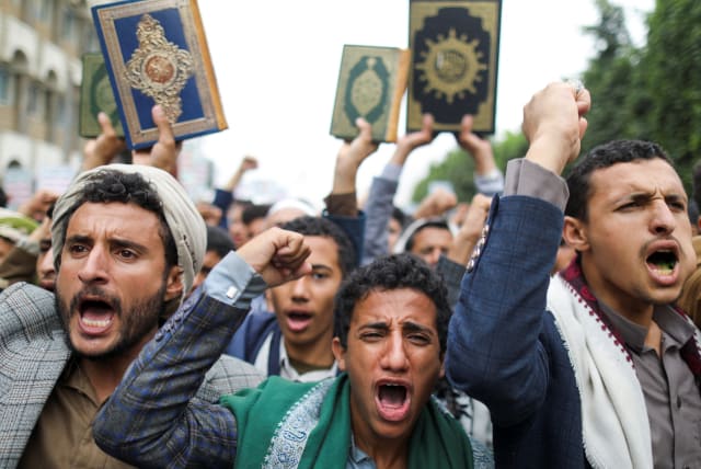  People demonstrate against the desecration of the Quran in Denmark, in Sanaa, Yemen July 24, 2023.  (photo credit: REUTERS/KHALED ABDULLAH)