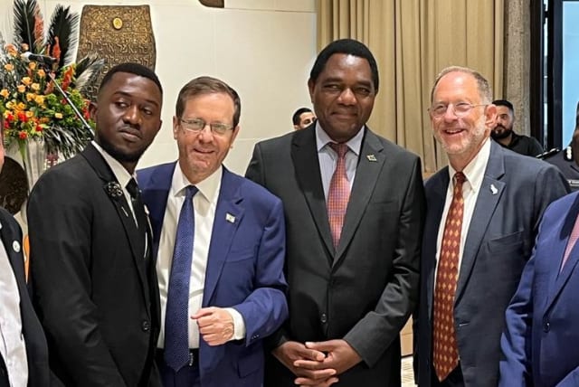  From right: Gigawatt Global CEO Josef Abramowitz, Zambian President Hakainde Hichilema, President Isaac Herzog and a Zambian student studying in Israel at the President's Residence in August 2023. (photo credit: Lynn Schler)