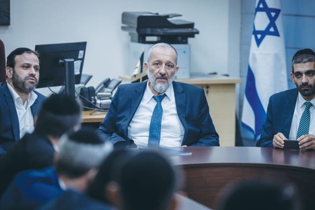  MK ARYE DERI leads a parliamentary faction meeting of his Shas party, in the Knesset, last month. (photo credit: Chaim Goldberg/Flash90)