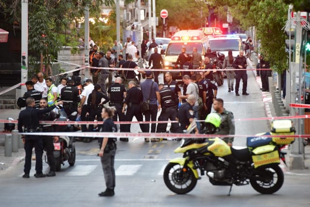  The scene of a terrorist shooting in Tel Aviv on Saturday, August 5, 2023. (photo credit: AVSHALOM SASSONI/MAARIV)