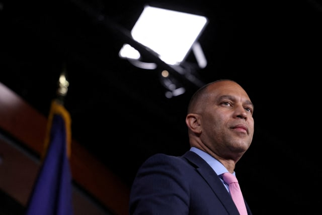  US House Democratic Leader Hakeem Jeffries (D-NY) speaks at a news conference on Capitol Hill on May 31, 2023. (photo credit: Julia Nikhinson/Reuters)