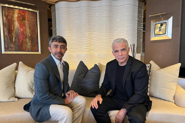  Opposition head Yair Lapid meets with Emirati foreign minister Abdullah bin Zayed Al Nahyan on August 8, 2023  (photo credit: YESH ATID)