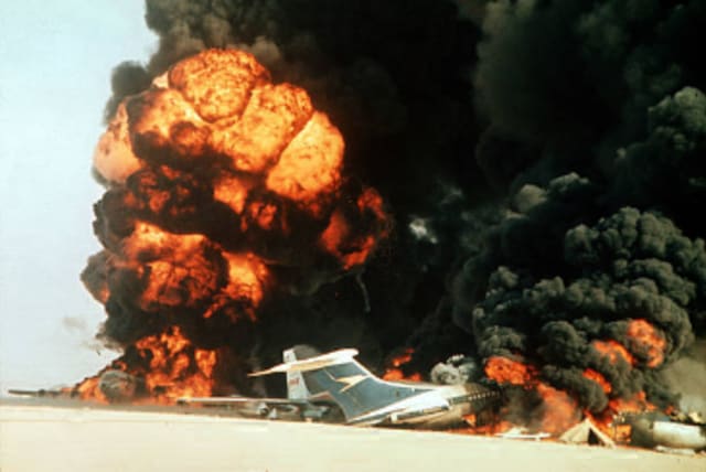  Aircraft at Dawson's Field, Jordan are seen exploding following the hijackings by the PFLP, on September 12, 1970. (photo credit: Wikimedia Commons)