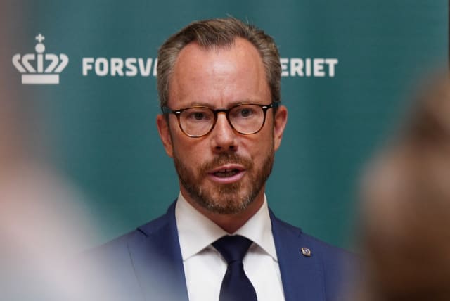  Denmark's Defense Minister Jakob Ellemann-Jensen attends a press conference in Copenhagen, Denmark, August 8, 2023. (photo credit: REUTERS/Tom Little)