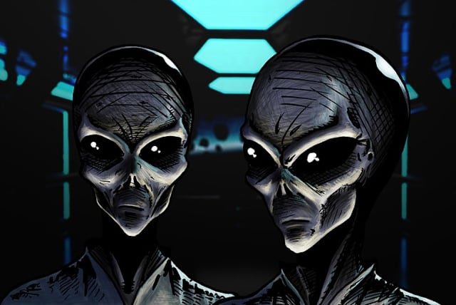  A drawing of two grey aliens. (photo credit: Wikimedia Commons)
