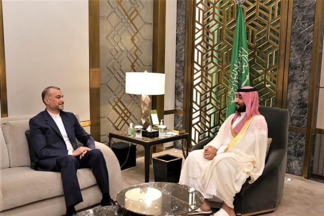 Saudi Crown Prince, Mohammed bin Salman meets with Iranian Foreign Minister Hossein Amir-Abdollahian in Jeddah, Saudi Arabia August 18, 2023. (photo credit: Iran’s Foreign Ministry/West Asia News Agency/Reuters)