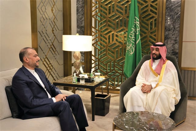  SAUDI CROWN Prince Mohammed bin Salman meets with Iranian Foreign Minister Hossein Amir-Abdollahian in Jeddah, last week. (photo credit: Iran’s Foreign Ministry/West Asia News Agency/Reuters)