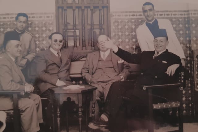  THE WRITER’S great-grandfather Alberto Berdugo (third from left) is joined by his fellow functionaries at the Glaoui Residence in Marrakech, c.1953. (photo credit: Aurele Tobelem)