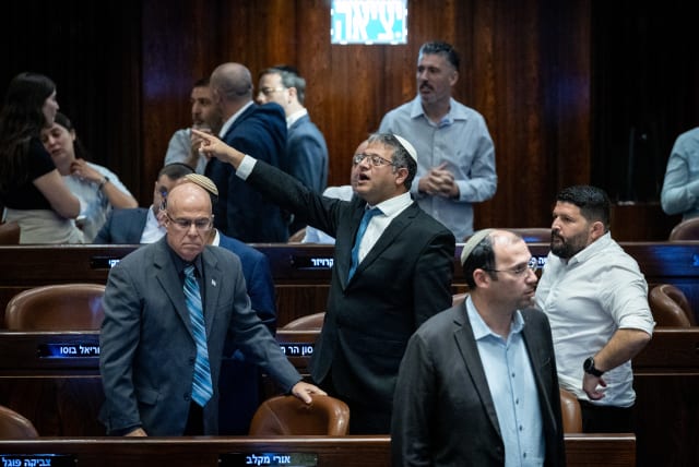 National Security Minister Itamar Ben Gvir during a discussion and a vote at the assembly hall of the Knesset in Jerusalem. July 30, 2023 (photo credit: YONATAN SINDEL/FLASH90)