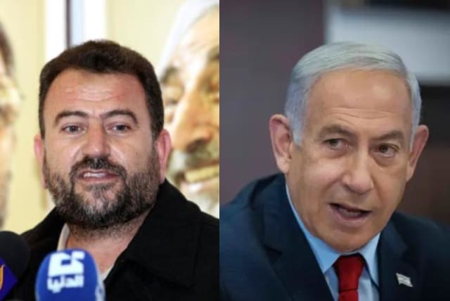  Hamas leader Saleh Al-Arouri (left) and Israeli Prime Minister Benjamin Netanyahu. (right) (photo credit:  YONATAN SINDEL/FLASH90 and ARAB MEDIA)