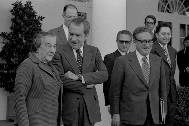  PRIME MINISTER Golda Meir stands with US president Richard Nixon and secretary of state Henry Kissinger, outside the White House, in November 1973. (photo credit: Marion S. Trikosko/Library of Congress)