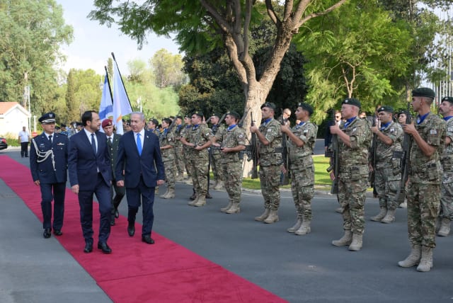  Prime Minister Benjamin Netanyahu is seen on an official diplomatic visit to Cyprus, on September 3, 2023. (photo credit: AMOS BEN-GERSHOM/GPO)