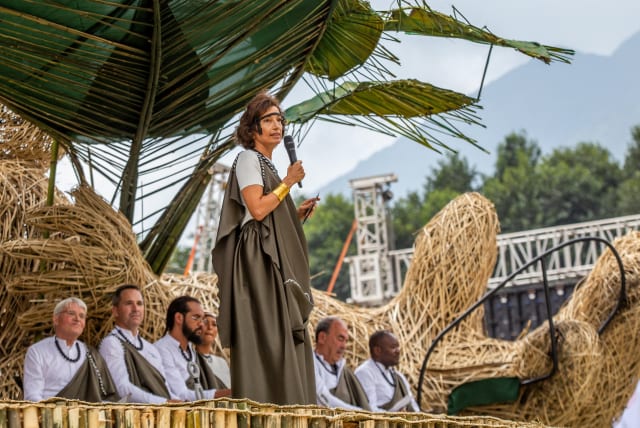  UNESCO's Director-General Audrey Azoulay addresses delegates at the 19th Kwita Izina ceremony of giving a name to a newborn baby gorillas outside the Volcanoes National Park, near Kinigi, Musanze District, Rwanda, September 1, 2023 (photo credit: REUTERS)