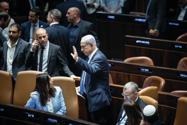  PRIME MINISTER Benjamin Netanyahu gestures in the Knesset plenum on July 24, as the reasonableness bill was being passed. (photo credit: YONATAN SINDEL/FLASH90)