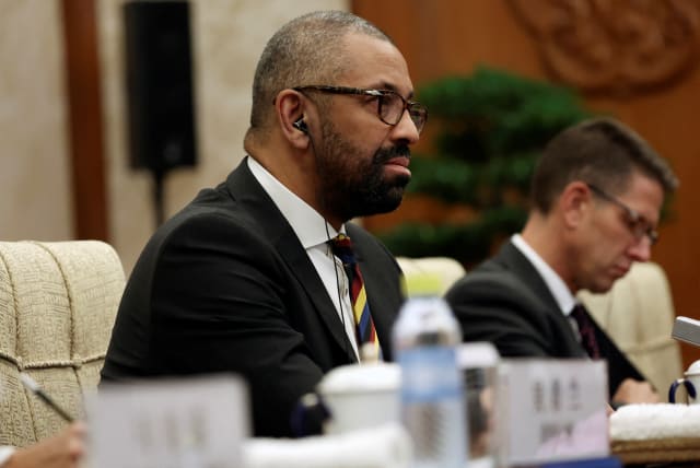 British Foreign Secretary James Cleverly attends a meeting with Chinese Foreign Minister Wang Yi (not pictured) at the Diaoyutai State Guesthouse in Beijing, China August 30, 2023.  (photo credit: REUTERS/FLORENCE LO)