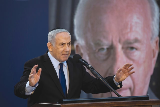 PRIME MINISTER Benjamin Netanyahu addresses a memorial ceremony for Yitzhak Rabin, in 2019. Similar to Netanyahu, Rabin didn’t support the establishment of a Palestinian state, rather of a ‘minus-state.’ (photo credit: Heidi Levine/Reuters)
