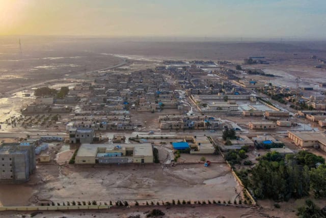  General view of flood water covering the area as a powerful storm and heavy rainfall hit Al-Mukhaili, Libya September 11, 2023, in this handout picture. (photo credit: Libya Al-Hadath/Handout via REUTERS)