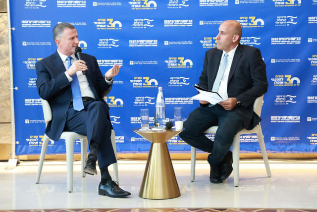 B.G ret. Amir Avivi, founder of IDSF (right), in conversation with Member of Knesset Yuli Edelstein (left) (photo credit: Courtesy IDSF)