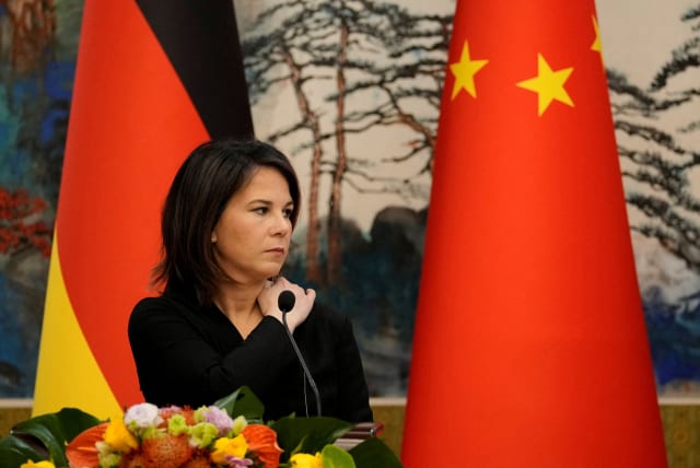  German Foreign Minister Annalena Baerbock attends a joint press conference with Chinese Foreign Minister Qin Gang (not pictured) at the Diaoyutai State Guesthouse in Beijing, China, April 14, 2023. (photo credit: SUO TAKEKUMA/POOL VIA REUTERS)
