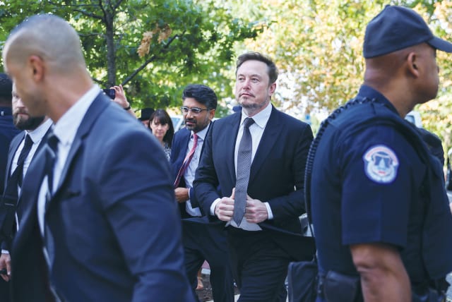  TESLA CEO Elon Musk arrives for a bipartisan Artificial Intelligence Insight Forum for US senators hosted by Senate Majority Leader Chuck Schumer at the Capitol in Washington, last week (photo credit: Julia Nikhinson/Reuters)