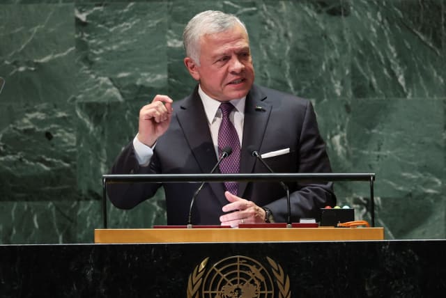  Jordan's King Abdullah II addresses the 78th Session of the UN General Assembly in New York City, US, September 19, 2023. (photo credit: BRENDAN MCDERMID/REUTERS)