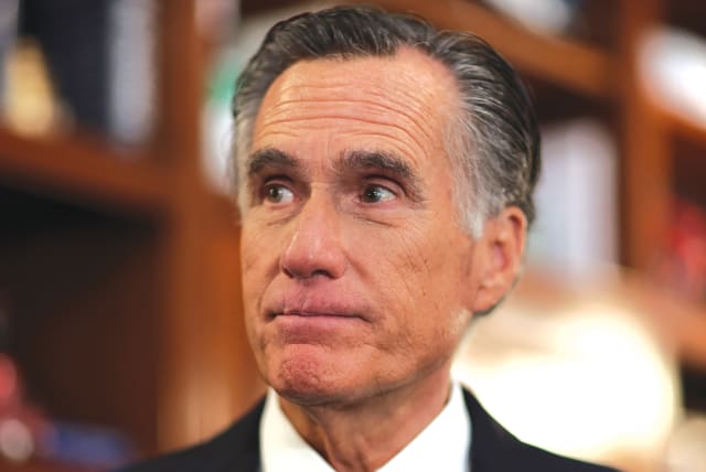  US SEN. Mitt Romney appears at a news conference on Capitol Hill. According to a released biography excerpt, he is spending $5,000 a day on security for himself and his family in response to threats from Donald Trump’s people. (photo credit: LEAH MILLIS/REUTERS)
