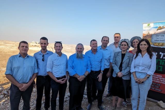   Knesset Land of Israel Caucus co-chairs Yuli Edelstein, Simcha Rothman, and Limor Son-Har Melech on a tour in the West Bank. (photo credit: LAND OF ISRAEL CAUCUS)