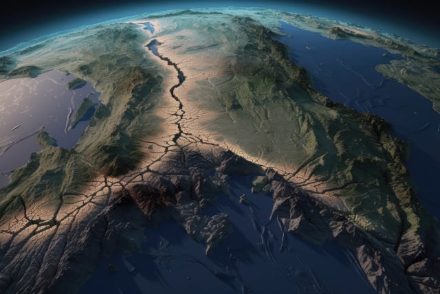 Aerial view of the Earth’s surface, with visible fault lines and earthquake epicenters, created with generative AI, (photo credit: ING IMAGE)