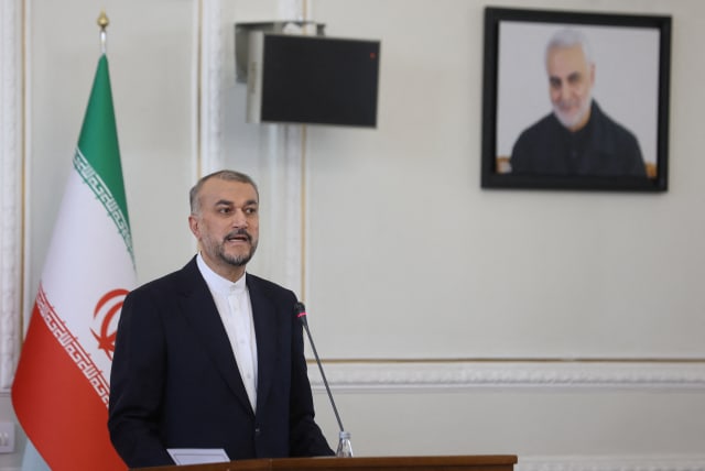  Iran's Foreign Minister Hossein Amir-Abdollahian speaks during a joint press conference with Turkish Foreign Minister Hakan Fidan (not pictured), in Tehran, Iran, September 3, 2023 (photo credit: MAJID ASGARIPOUR/WANA (WEST ASIA NEWS AGENCY) VIA REUTERS)