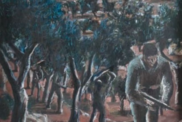  A life-size oil painting of Israeli soldiers running into battle is an ever-present reminder of Moriah’s own Yom Kippur War service. (photo credit: Courtesy Yair Medina, Jerusalem Fine Art Prints)
