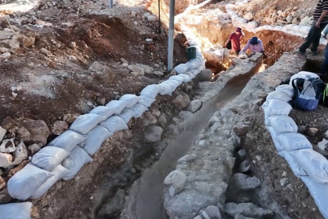 A long section of the Upper Aqueduct to Jerusalem was uncovered in archaeological excavations at Giv‘at HaMatos (photo credit: EMIL ELJEM/ISRAEL ANTIQUITIES AUTHORITY)