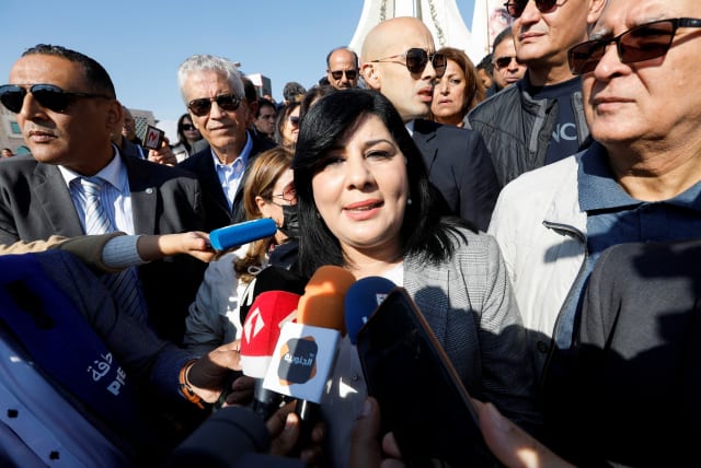 President of Tunisia's Free Destourian Party Abir Moussi speaks to the media during a protest demanding the dissolution of parliament and asking for early legislative elections, in Tunis, Tunisia November 20, 2021. (photo credit: REUTERS/Zoubeir Souissi/File Photo)