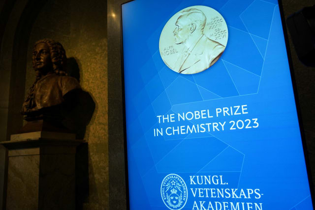 A view of a screen inside the Royal Swedish Academy of Sciences, where the Nobel Prize in Chemistry is announced, in Stockholm (photo credit: REUTERS)