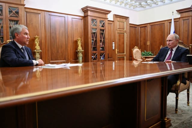  Russian President Vladimir Putin and State Duma Chairman Vyacheslav Volodin attend a meeting at the Kremlin in Moscow, Russia July 31, 2023. (photo credit: Sputnik/Alexander Kazakov/Kremlin via REUTERS)