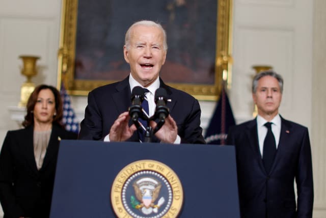  US PRESIDENT Joe Biden, accompanied by Vice President Kamala Harris and Secretary of State Antony Blinken, delivers remarks in support of Israel, at the White House, on Tuesday. (photo credit: JONATHAN ERNST/REUTERS)