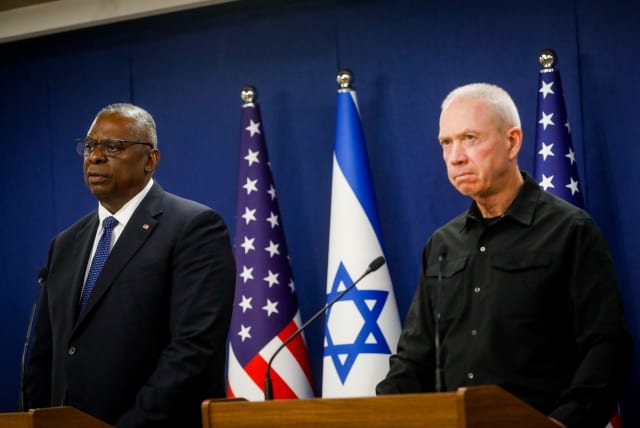  US Secretary of Defense Lloyd Austin and Defense Minister Yoav Gallant hold a joint statements at HaKirya base in Tel Aviv on October 13, 2023 (photo credit: MIRIAM ALSTER/FLASH90)