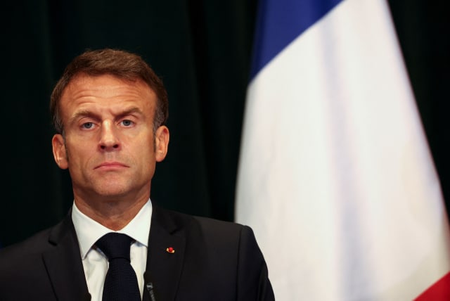  French President Emmanuel Macron attends a press conference in Tirana, Albania, October 17, 2023. (photo credit: REUTERS/FLORION GOGA)