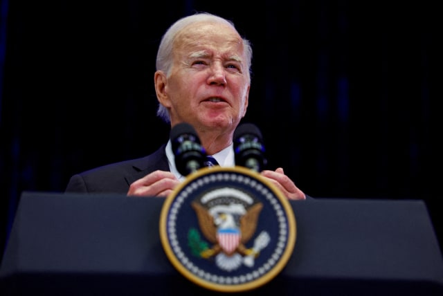  U.S. President Joe Biden delivers remarks as he visits Israel amid the ongoing conflict between Israel and Hamas, in Tel Aviv, Israel, October 18, 2023.  (photo credit: REUTERS/EVELYN HOCKSTEIN)