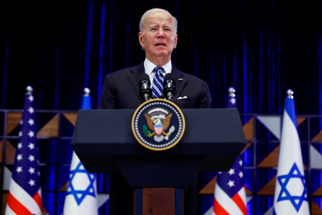  U.S. President Joe Biden delivers remarks as he visits Israel amid the ongoing conflict between Israel and Hamas, in Tel Aviv, Israel, October 18, 2023. (photo credit: REUTERS/EVELYN HOCKSTEIN)