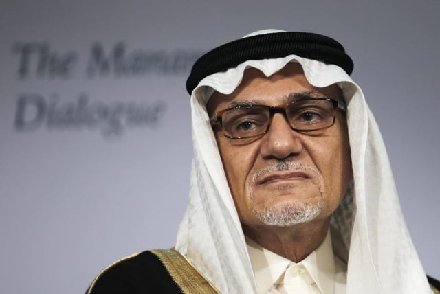 Former head of Saudi intelligence and current Saudi King Faisal Center for Research and Islamic Studies Chairman Prince Turki Al Faisal Al Saud attends a close session meeting at the IISS Regional Security Summit - The Manama Dialogue in Manama, December 8, 2013 (photo credit: HAMAD I MOHAMMED/REUTERS)