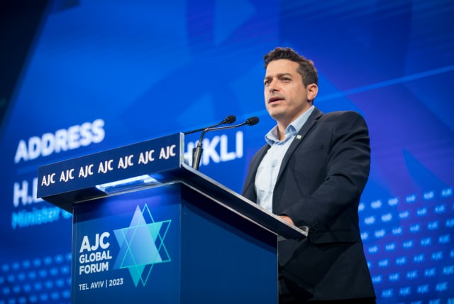  Israeli minister of Diaspora Affairs Amichai Chikli speaks at the AJC Global Forum in Tel Aviv, on June 14, 2023. (photo credit: MIRIAM ALSTER/FLASH90)