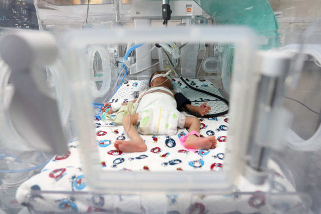 A premature Palestinian baby lies in an incubator at the maternity ward of Shifa Hospital, which according to health officials is about to shut down as it runs out of fuel and power, as the conflict between Israel and the terrorist group Hamas continues, in Gaza City October 22, 2023. (photo credit: REUTERS/MOHAMMED AL-MASRI)