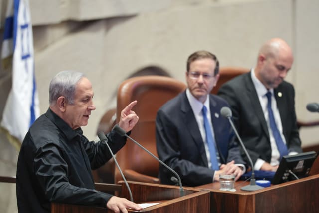  PRIME MINISTER Benjamin Netanyahu addresses the opening of the Knesset’s winter session last week, as President Isaac Herzog sits alongside Knesset Speaker Amir Ohana. (photo credit: NOAM REVKIN FENTON/FLASH90)