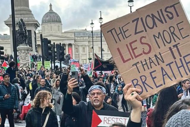  ANTISEMITISM ON display at the UK’s Free Palestine rally.  (photo credit: CST)