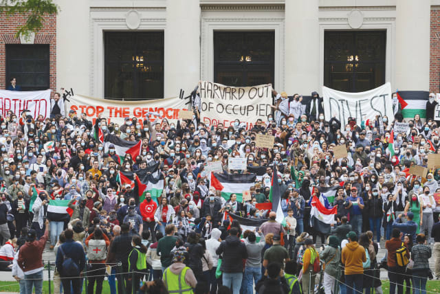  PROTESTERS RALLY against Israel at Harvard University, October 2023 (photo credit: BRIAN SNYDER/REUTERS)