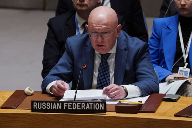  Russia's Ambassador to the United Nations Vasily Nebenzya speaks during a meeting of the Security Council on the conflict between Israel and Hamas, at UN headquarters in New York, US, October 25, 2023. (photo credit: REUTERS/DAVID 'DEE' DELGADO)