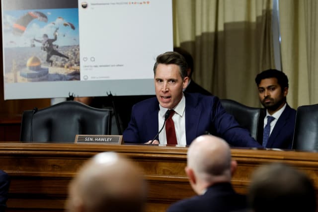 US Senator Josh Hawley (R-MO) questions U.S. Homeland Security Secretary Alejandro Mayorkas about social media posts regarding the Israel-Hamas war he identified as being made by a DHS emloyee, during a Senate Homeland Security and Governmental Affairs Committee hearing on threats to the United St (photo credit: REUTERS / JONATHAN ERNST)