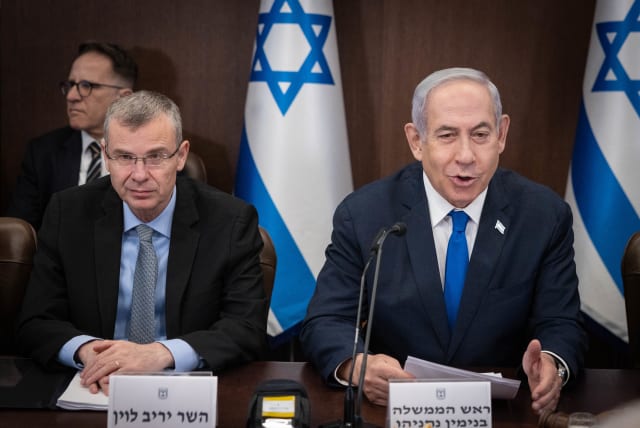  Israeli Prime Minister Benjamin Netanyahu with Israeli Minister of Justice Yariv Levin during a government conference at the Prime Minister's office in Jerusalem on September 10, 2023. (photo credit: Chaim Goldberg/Flash90)