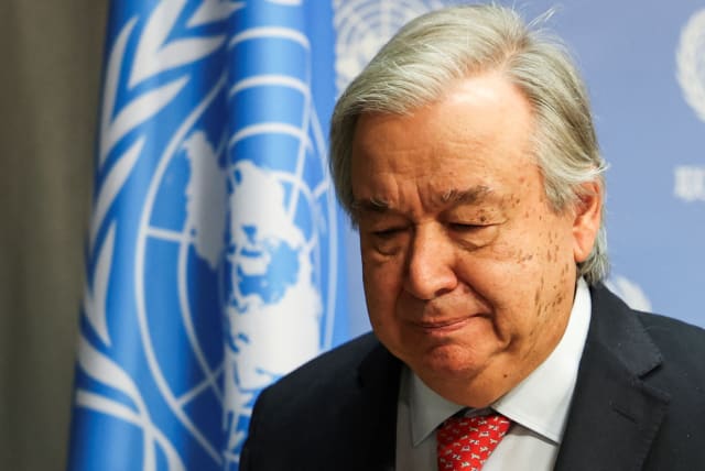  United Nations Secretary-General Antonio Guterres exits the press room after speaking at the United Nations prior to a meeting about the ongoing conflict in Gaza, at the United Nations Headquarters in New York City, U.S., November 6, 2023 (photo credit: CAITLIN OCHS/REUTERS)