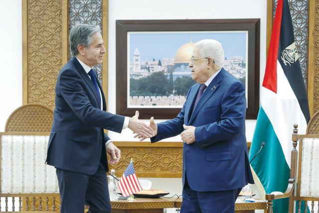  US SECRETARY of State Antony Blinken meets with Palestinian Authority head Mahmoud Abbas at PA headquarters in Ramallah. (photo credit: JONATHAN ERNST/REUTERS)